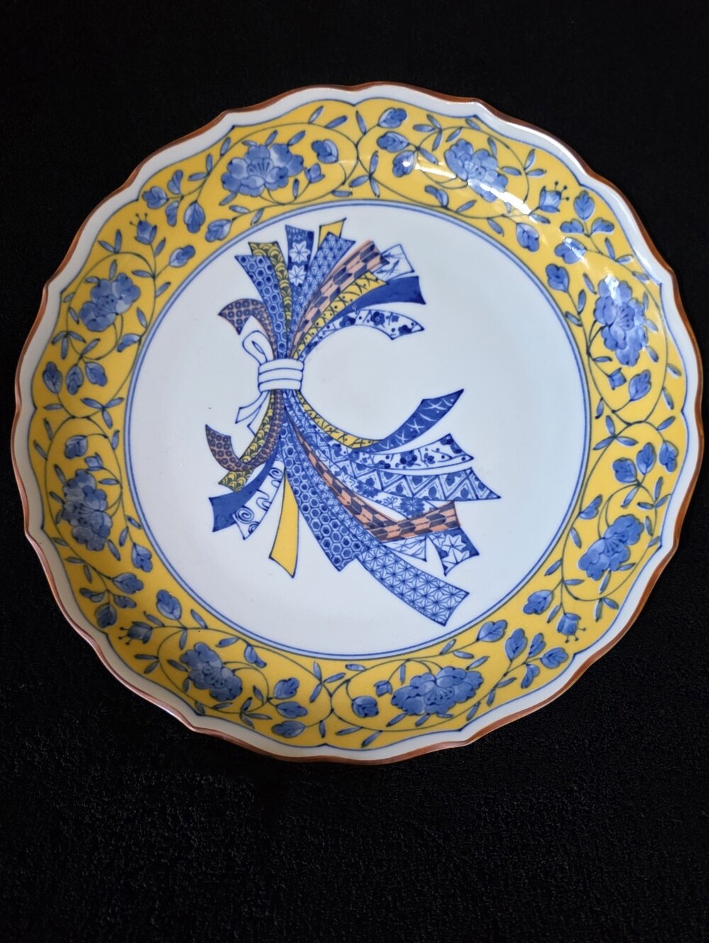 Vintage Tachikichi Japan 11" Porcelain Plate Blue Yellow Floral Textile Design